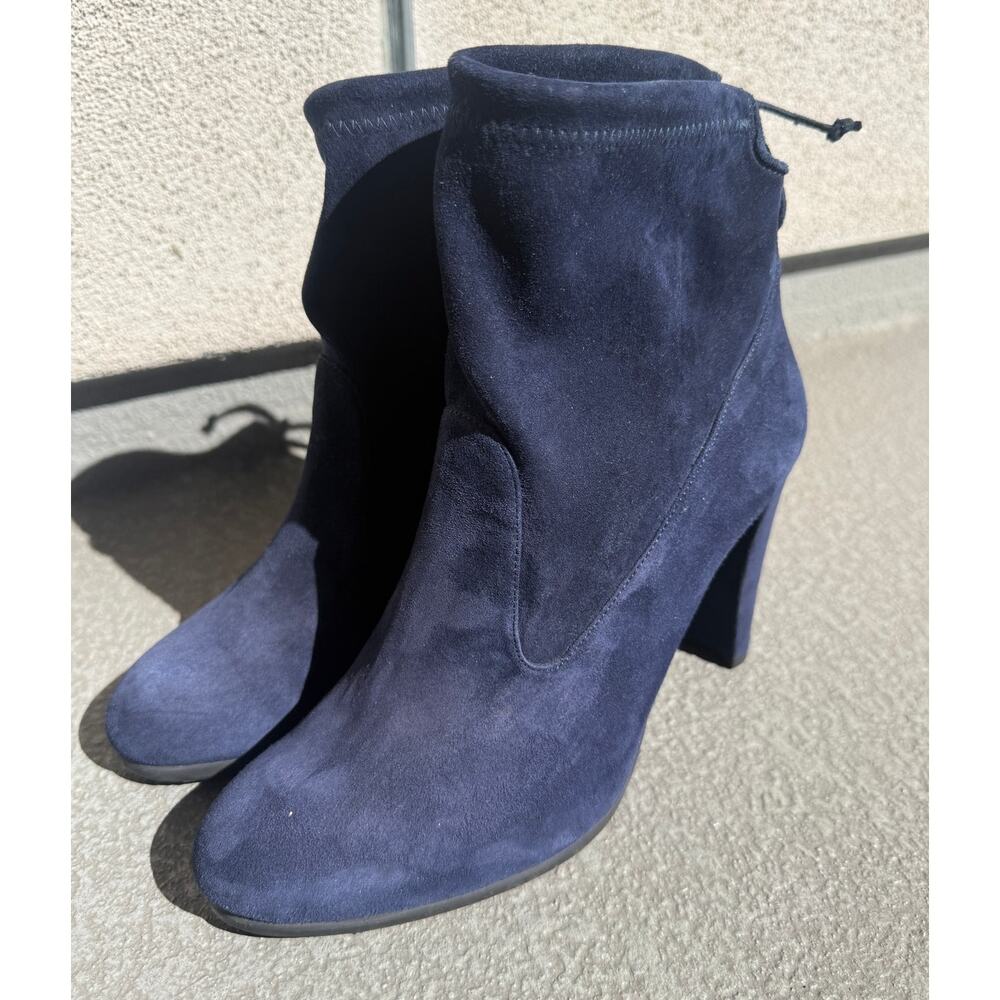 Stuart Weitzman Navy Suede Block Heel Ankle Boots Size 37.5 NWOB